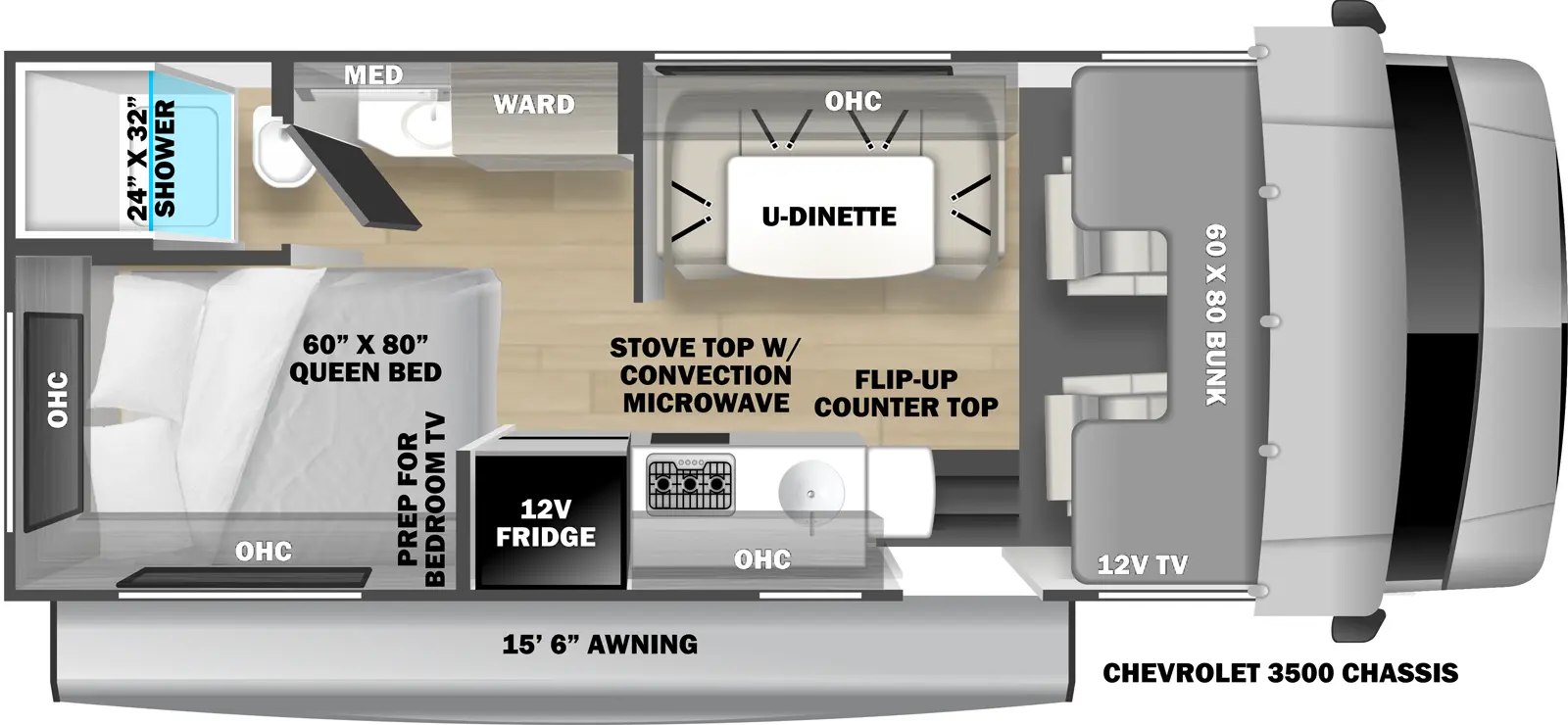 The 2351LE has no slide outs. Exterior features include a 15 ft. 6 in. awning and it is built on the Chevrolet 3500 chassis. Interior layout from front to back includes: front 60 x 80 cab over bunk with 12V TV; off-door side U-Dinette with overhead cabinet; door side kitchen with 12V refrigerator, stovetop with convection microwave, sink, overhead cabinet and countertop extension; wardrobe across from refrigerator; rear off-door side corner bathroom with 24 x 32 shower, toilet, vanity and medcine cabinet; door side corner 60 x 80 Queen bed with prep for bedroom TV.